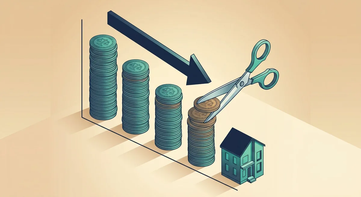 Ilustração de barras de moedas diminuindo até uma casa, com uma tesoura cortando a dívida, representando a amortização do financiamento.