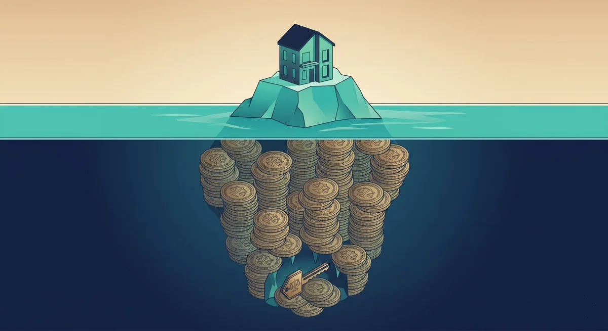 Ilustração de um iceberg com uma casa na ponta visível e moedas submersas, representando os custos escondidos da compra de um imóvel.