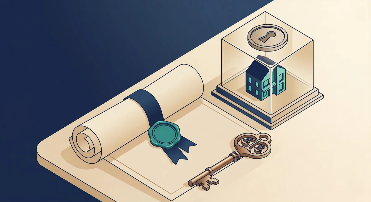 Ilustração dos custos de cartório com um documento selado, uma chave e uma casa representando o registro do imóvel.