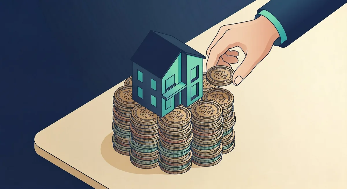 Ilustração de uma mão colocando moedas como base de uma casa, representando a entrada do financiamento.