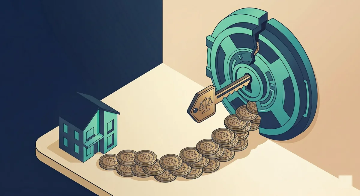 Ilustração de um cofre se abrindo com moedas fluindo em direção a uma casa, representando o uso do FGTS no financiamento.