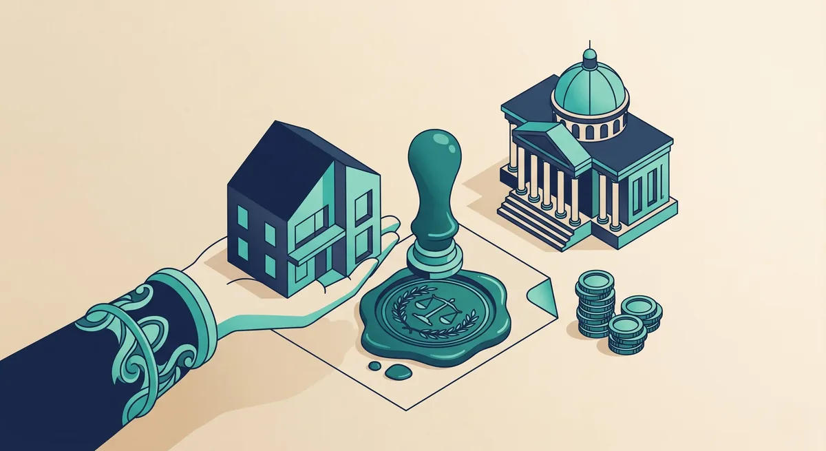 Ilustração do ITBI com uma casa, um selo oficial de transferência e um prédio público representando a prefeitura.