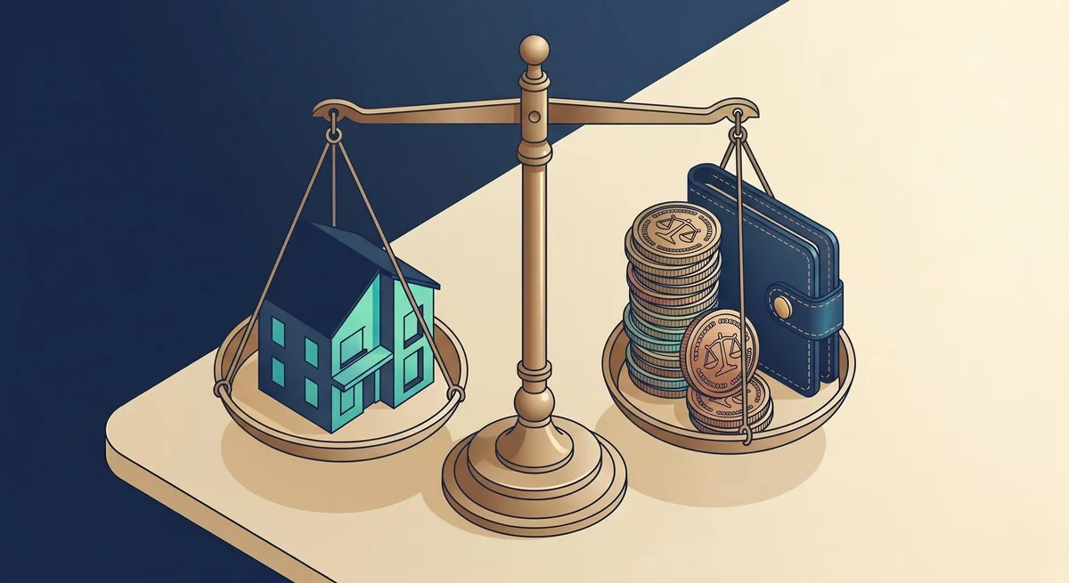 Ilustração de uma balança equilibrando uma casa e dinheiro, representando a renda necessária para financiar um imóvel.